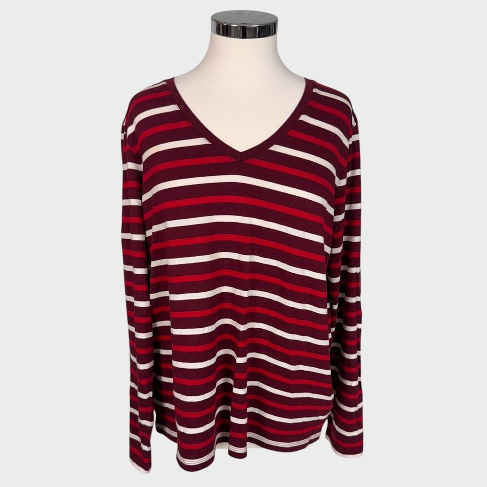Lands' End Large 14-16 Relaxed Fit Supima Cotton Striped V Neck Long Sleeve T